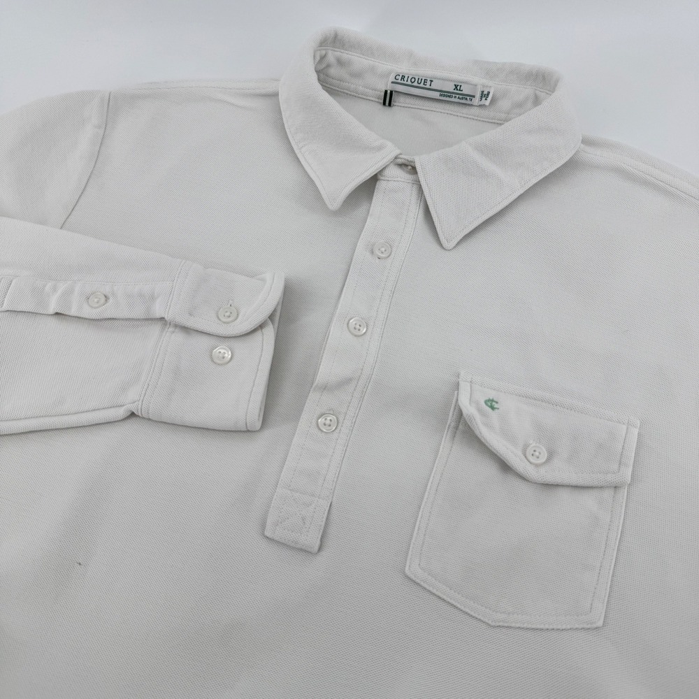Criquet Polo Shirt Mens XL White Long Sleeve Pima Cotton Button Pocket Piqué